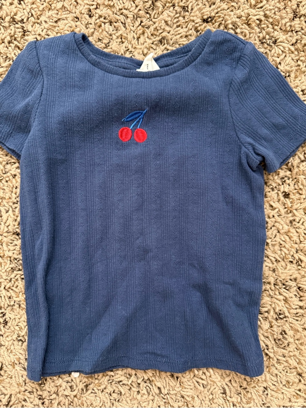 Girls' Short-Sleeve Blue Tee with Cherry Embroidery